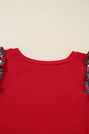 Racing Red Plaid Pearl Ruffled Short Sleeve Knitted Christmas Holiday Plus Size T-shirt