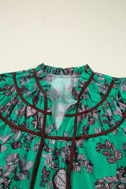 Green Leaves Print Contrast Trim V Neck Shirred Puff Sleeve Blouse