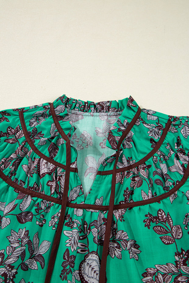 Green Leaves Print Contrast Trim V Neck Shirred Puff Sleeve Blouse