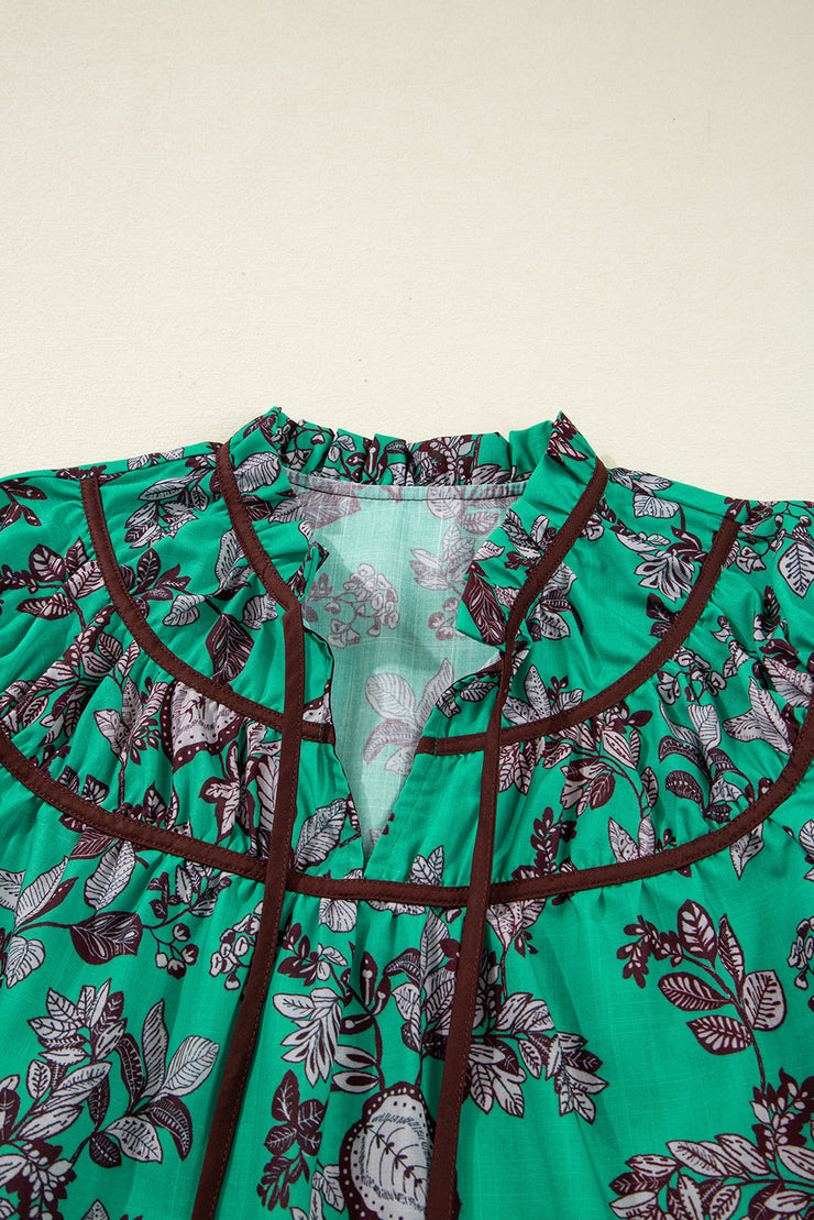 Green Leaves Print Contrast Trim V Neck Shirred Puff Sleeve Blouse