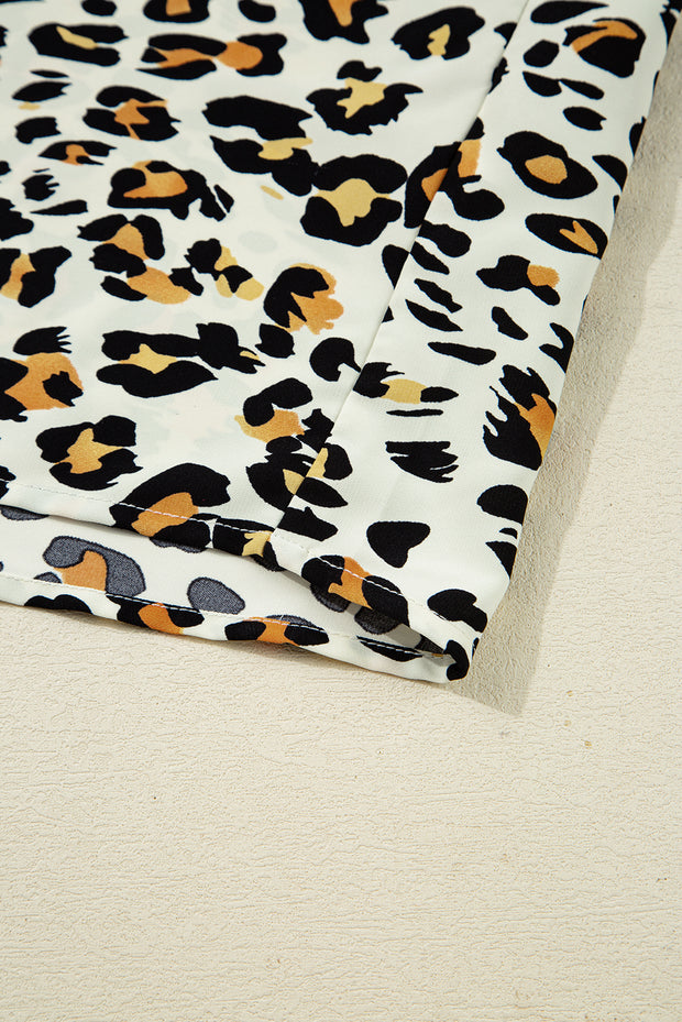 Khaki Leopard Print Contrast Striped V Neck Blouse