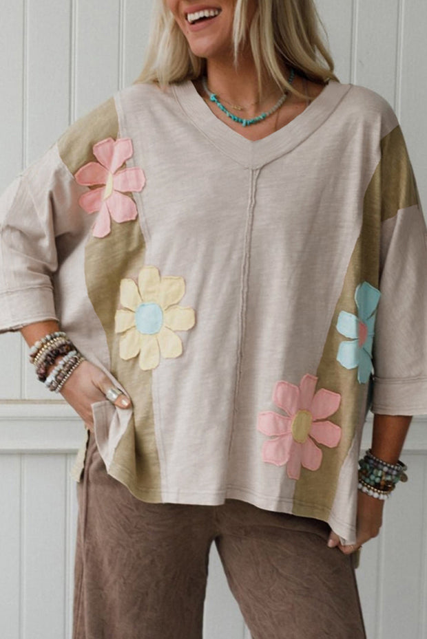Green Flower Patched Exposed Seam Bracelet Sleeve Oversized T Shirt