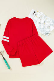 Fiery Red Varsity Striped Sleeve Drop Shoulder Sweatshirt and Short Set