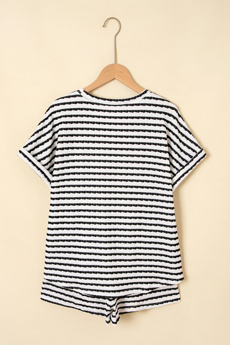 Black Stripe Knitted Short Sleeve Top and Drawstring Shorts Set