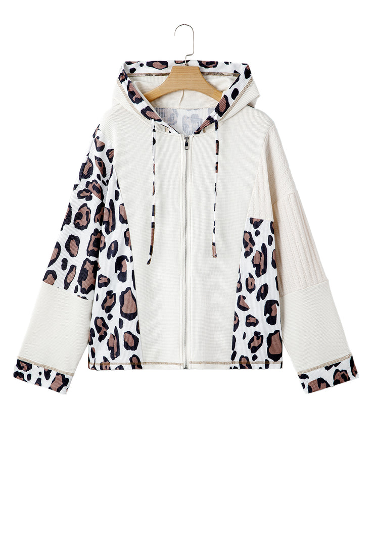 Apricot Oversized Leopard Contrast Mixed Texture Patchwork Zip Up Drop Shoulder Hoodie