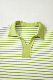 Green Stripe Collared V Neck Drop Shoulder Pullover and Skort 2pcs Outfit