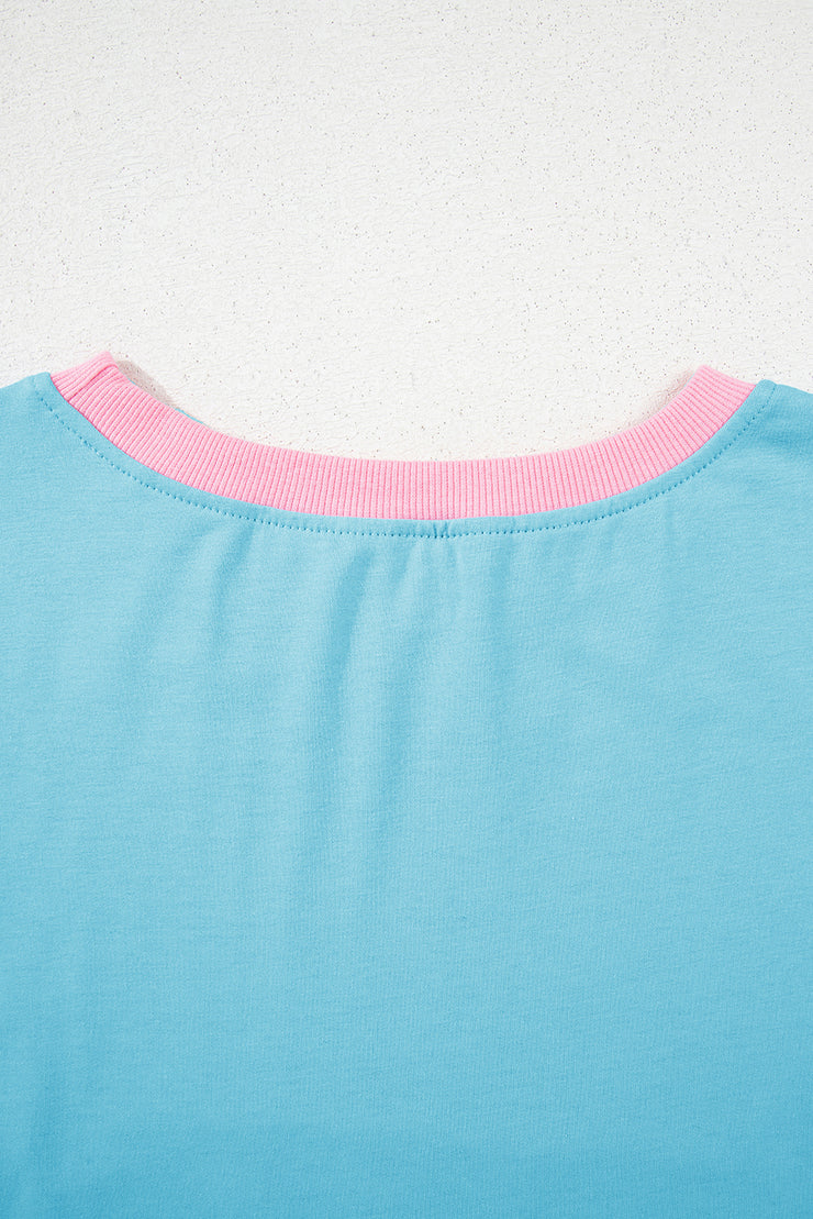 Turquoise Colorblock Edge Drop Shoulder T Shirt and Skort 2Pcs Set