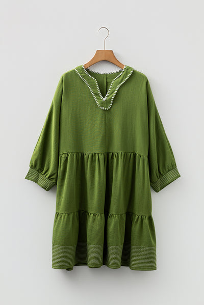 Jungle Green Contrast Stitched V Neck 3/4 Sleeve Tiered Mini Dress