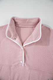Fushia Stand Neck Half Button Zip Pocket Plush Sweatshirt