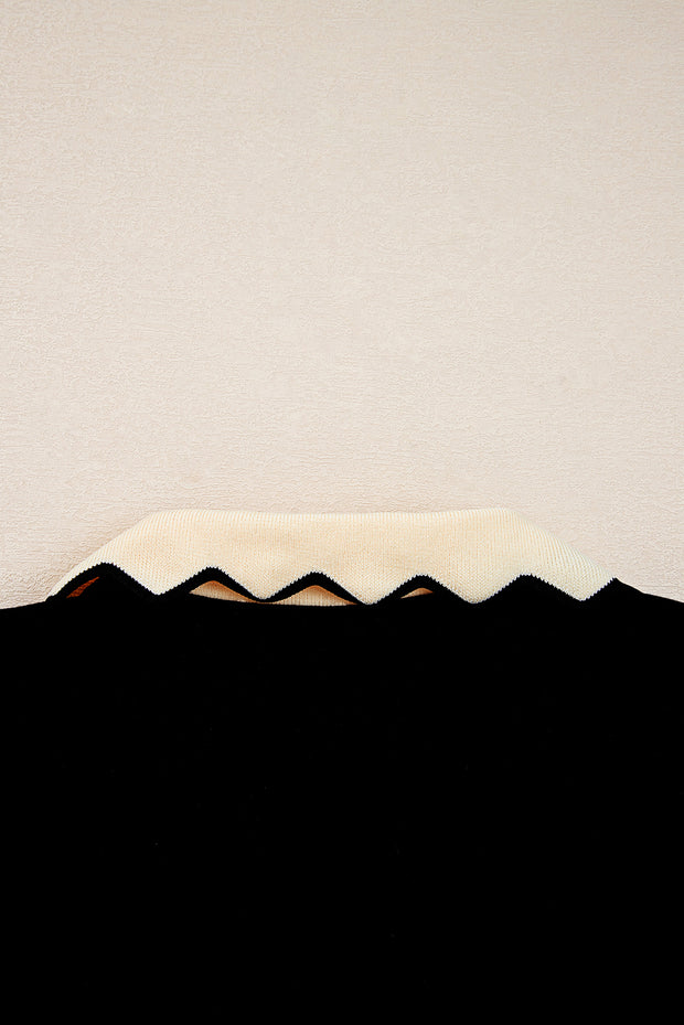 Black Scallop Trim Color Block Long Sleeve Collared Top