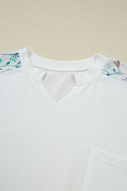 White Floral Colorblock Patchwork Chest Pocket Notched Neck Long Sleeve Top
