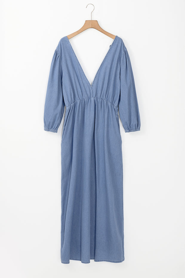 Vestido largo Myosotis Chambray con escote en V profundo y mangas con brazalete