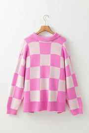 Pink Plus Size Checkered Collared Half Button Sweater