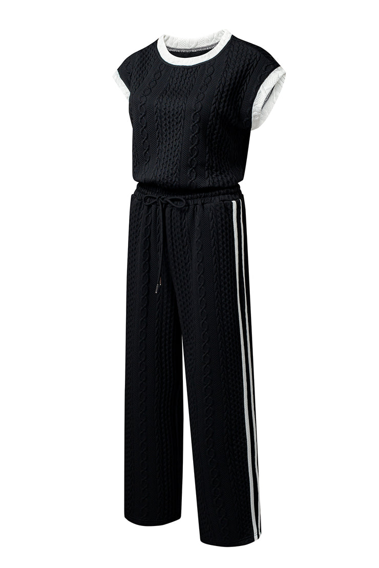 Black Cable Knit Contrast Trim Short Sleeve Top and Pants Set