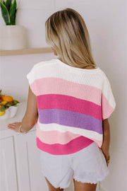 Pink Color Block Notch V Neck Sweater T Shirt