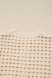 Beige Hollowed Pattern Knit Zip Up Drop Shoulder Sweater Cardigan