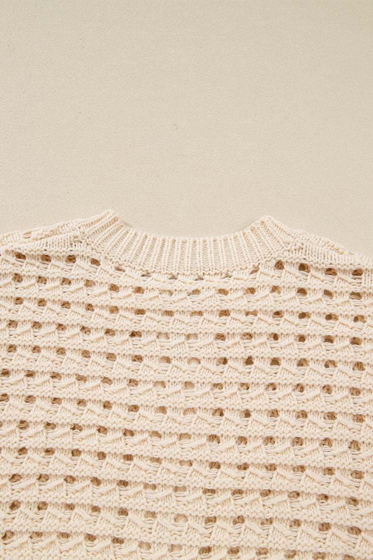 Beige Hollowed Pattern Knit Zip Up Drop Shoulder Sweater Cardigan