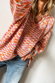 Orange Vibrant Abstract Print Drop Shoulder V Neck Tunic Oversized Sweater