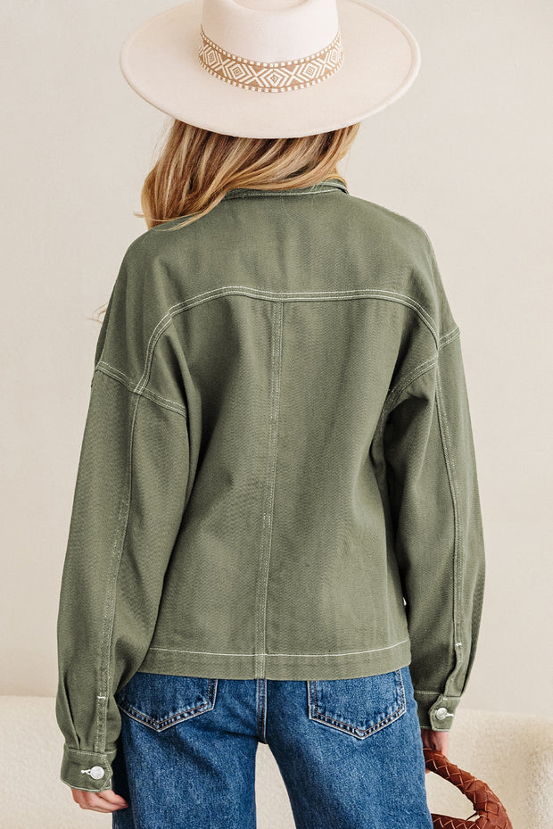 Smoke Green Patched Pocket Collared Button Front Boyfriend Denim Jacket