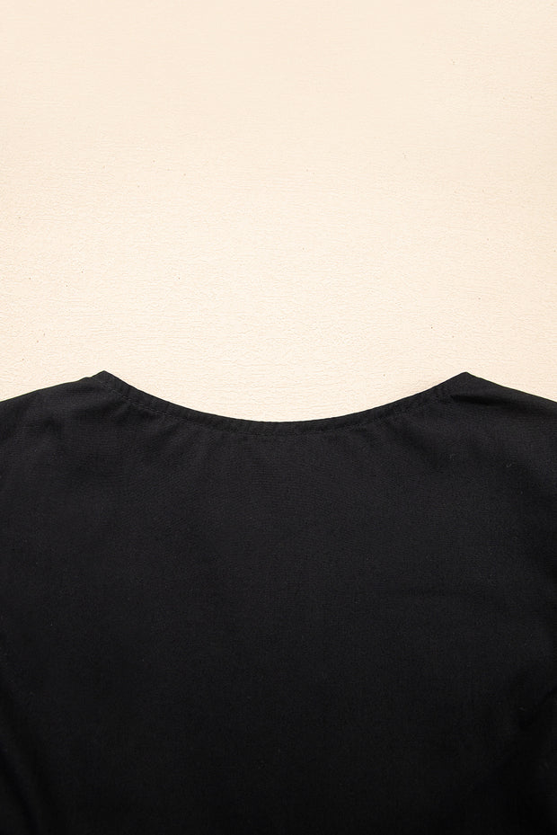 Black Contrast Ricrac Trim Ruffled V Neck Peplum Top