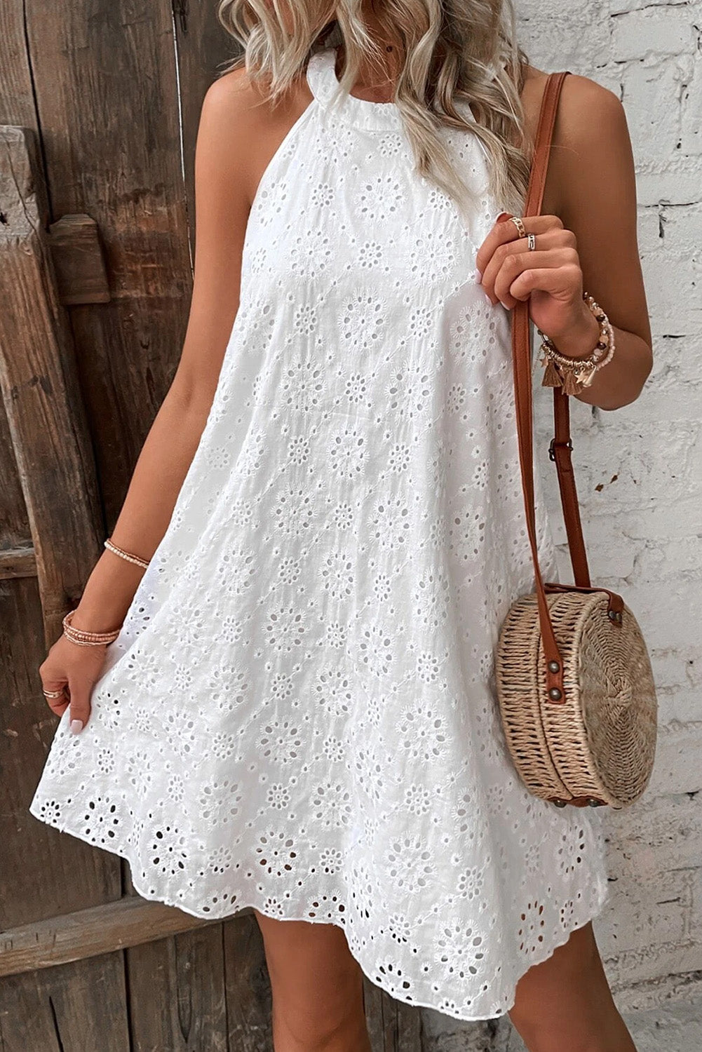 White Boho Eyelet Pattern Halter Neck Sleeveless Dress – Unique Oils