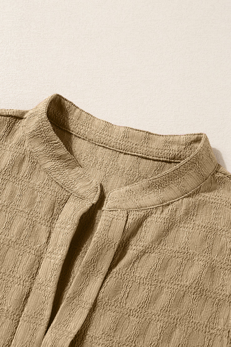 Light French Beige Lattice Textured Split Neck Tank Top