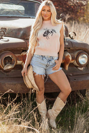 Oatmeal HOWDY Rodeo Cowboy Graphic High Neck Short Sleeve Sweater