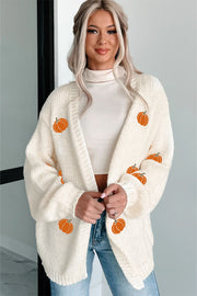White Pumpkin Print Open Front Drop Shoulder Midi Cardigan