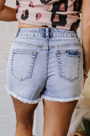 Beau Blue Pearl Studded Pockets Raw Hem Denim Shorts