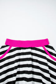 Black Stripe Contrast Ribbed Banding Long Sleeve Blouse Loose Shorts Set