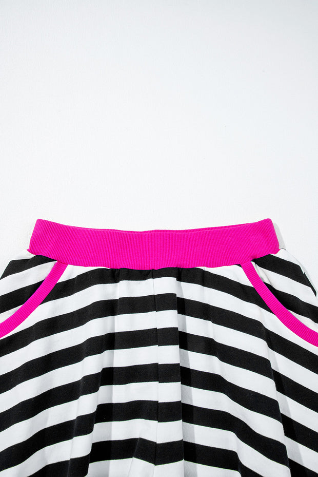 Black Stripe Contrast Ribbed Banding Long Sleeve Blouse Loose Shorts Set