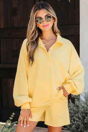 Yellow Cream Button Collar Drop Shoulder Pullover and Shorts 2pcs Outfit