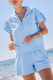 Beau Blue Ribbed Texture Half Zip Ruffled Short Sleeve Top and Shorts Set