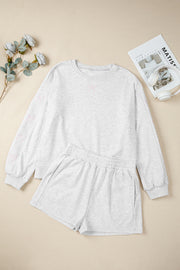 Light Grey Girly Bow Embroidered Detail Puff Sleeve Pullover 2pcs Short Set