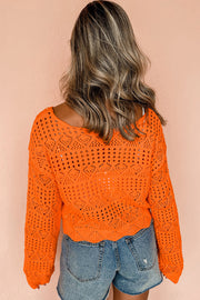 Carrot Solid Color Open Crochet Scallop Edge Sweater