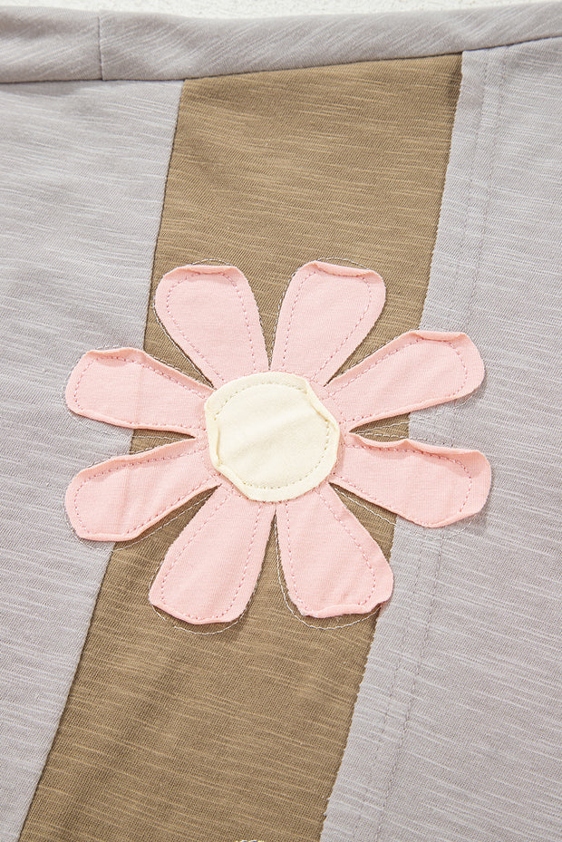 Green Flower Patched Exposed Seam Bracelet Sleeve Oversized T Shirt