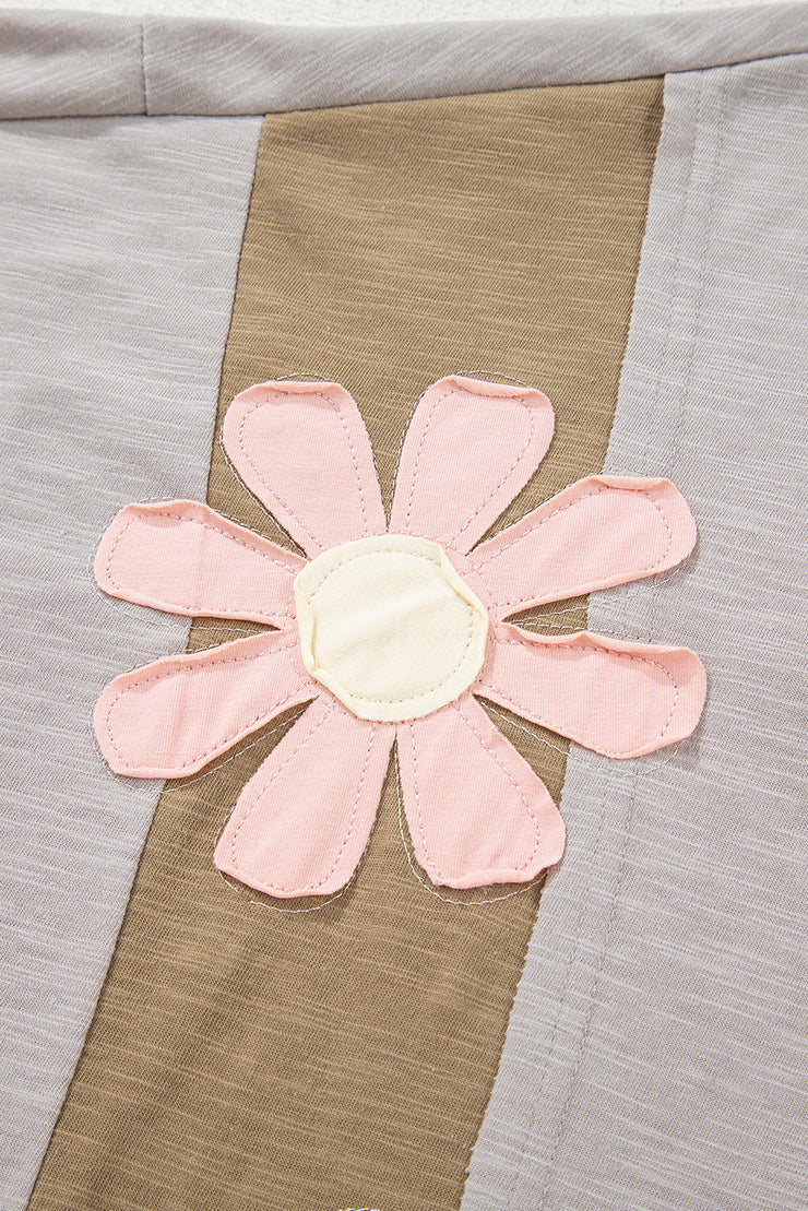 Green Flower Patched Exposed Seam Bracelet Sleeve Oversized T Shirt