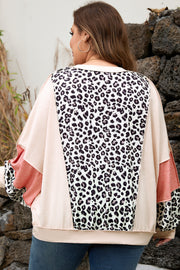 Gray Leopard Color Block Patchwork Reverse Stitch Plus Size Baggy Pullover