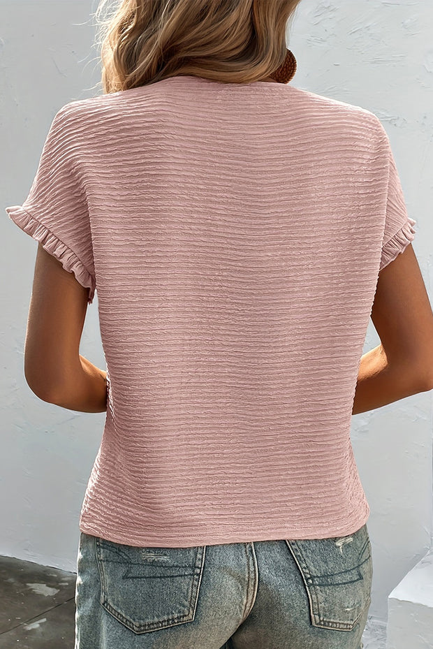 Light Pink Solid Textured Ruffled Short Sleeve Blouse