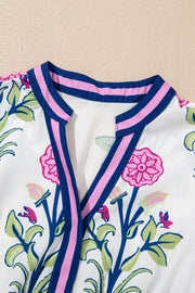 White Floral Puff Short Sleeve V Neck High Waist Maxi Dress