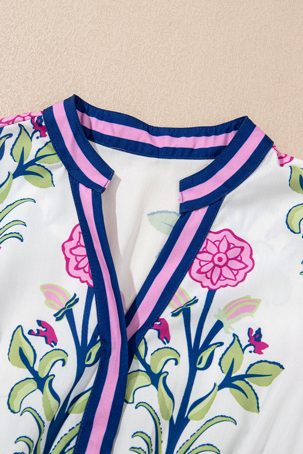 White Floral Puff Short Sleeve V Neck High Waist Maxi Dress