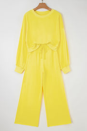 Yellow Cream Drop Shoulder Puff Sleeve Crop Pullover Drawstring Wide Leg Pants Set