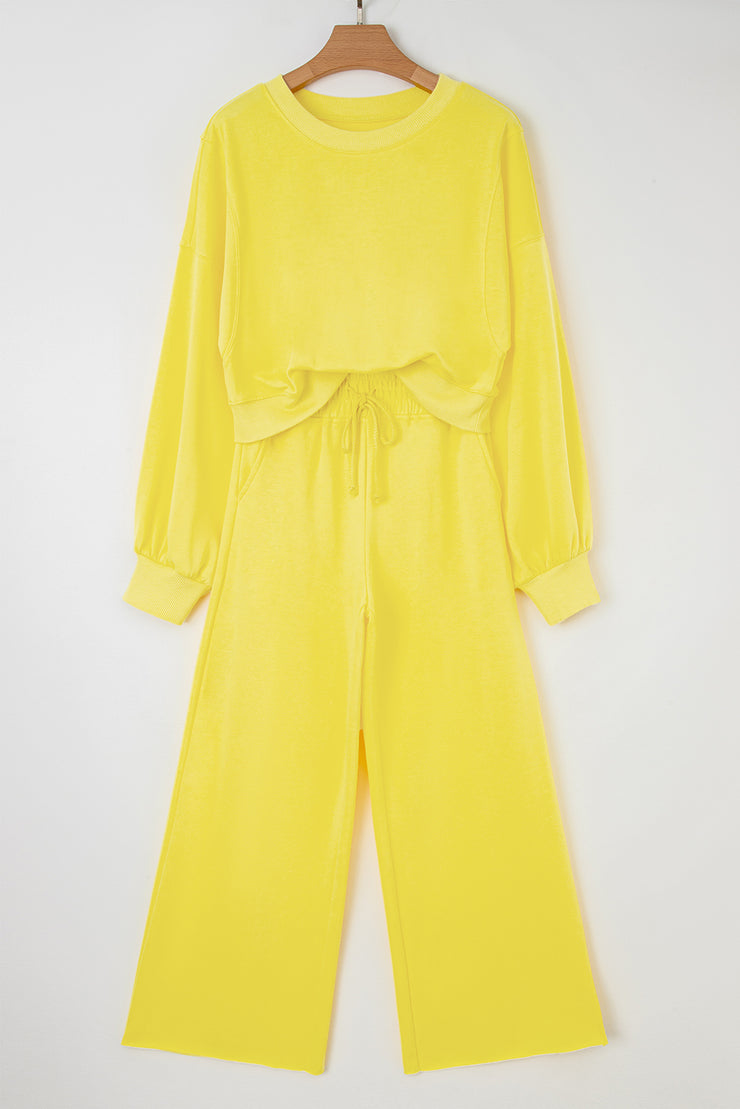 Yellow Cream Drop Shoulder Puff Sleeve Crop Pullover Drawstring Wide Leg Pants Set