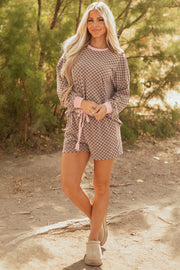 Brown Checkerboard Long Sleeve Pullover and Shorts Set