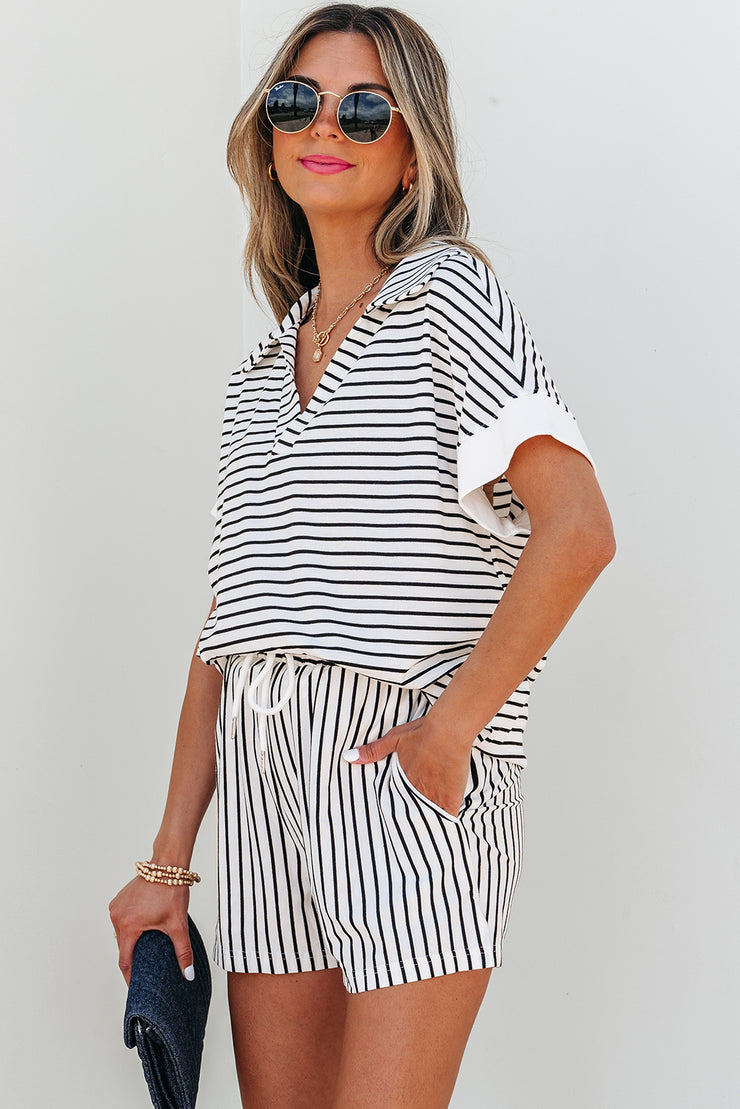 Black Stripe V Neck Tee and Casual Short Set