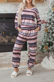 Black Retro Christmas Pattern Loose Pullover 2pcs Lounge Pant Set