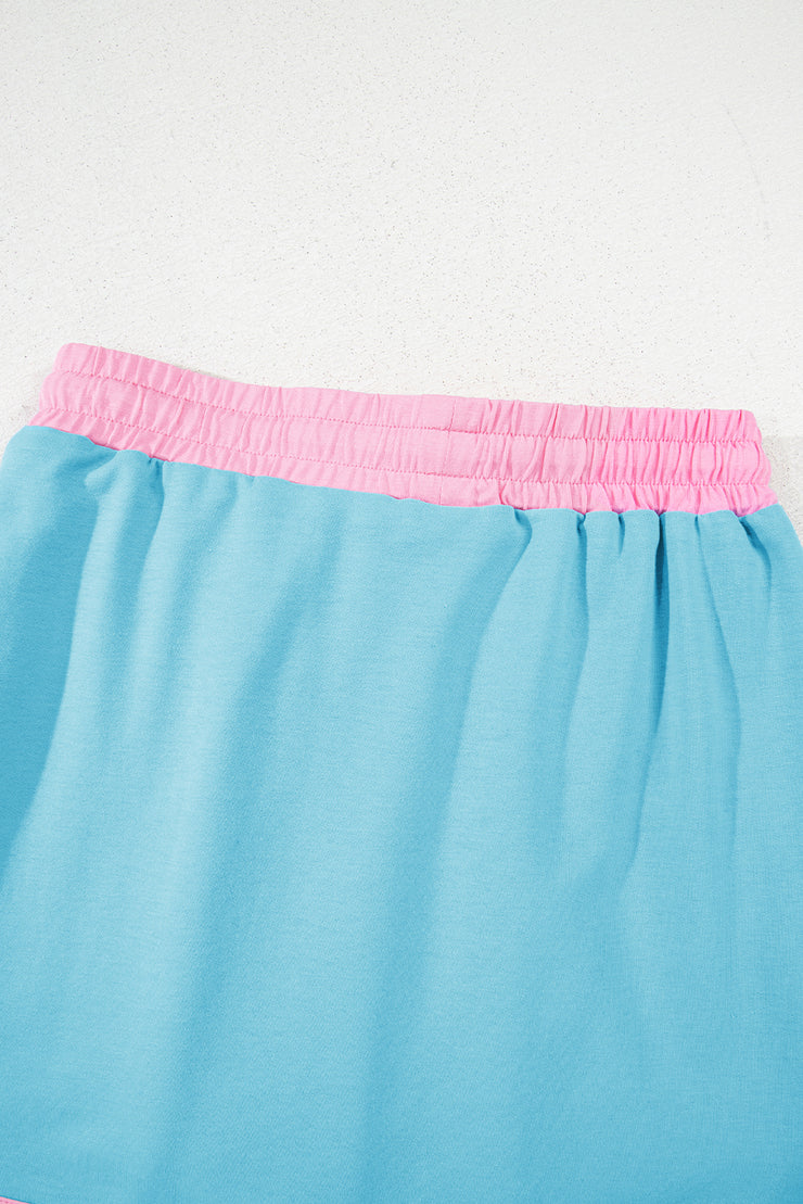 Turquoise Colorblock Edge Drop Shoulder T Shirt and Skort 2Pcs Set