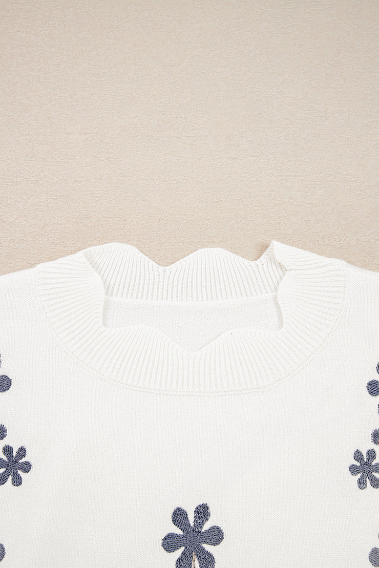 White Floral Embroidered Scallop Hem Cropped Sweater