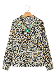 Khaki Leopard Print Contrast Striped V Neck Blouse