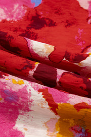 Red Abstract Print Split V Neck Ruffle Short Sleeve Blouse